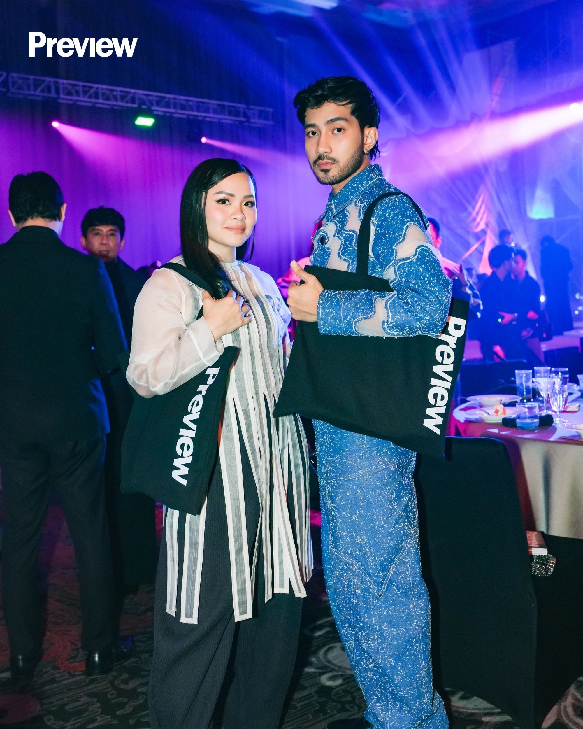 Preview BFFD 2026 Vina Romero and Nicolo Perez holding a Preview tote at the Preview Ball 2026